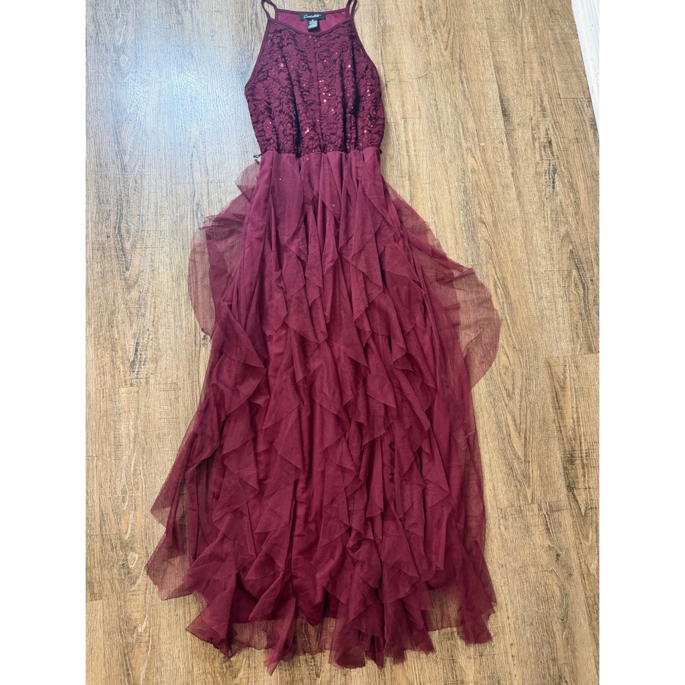 Candalite Burgundy Sequin Lace Halter Gown Tiered Tulle Ruffle homecoming
